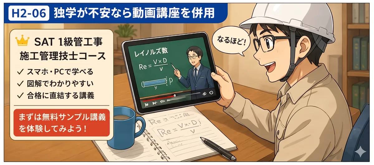 1級管工事施工管理技士の独学にSAT動画講座を併用して学ぶ学習スタイル