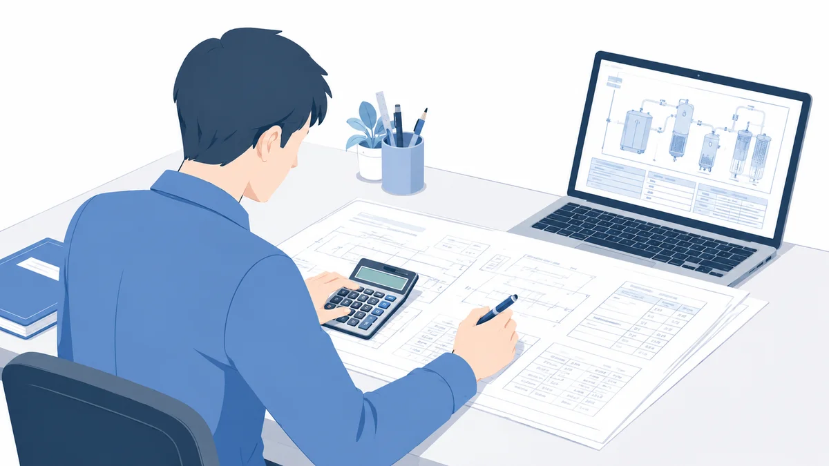 設計者がデスクで空気消費量を計算しているイラスト