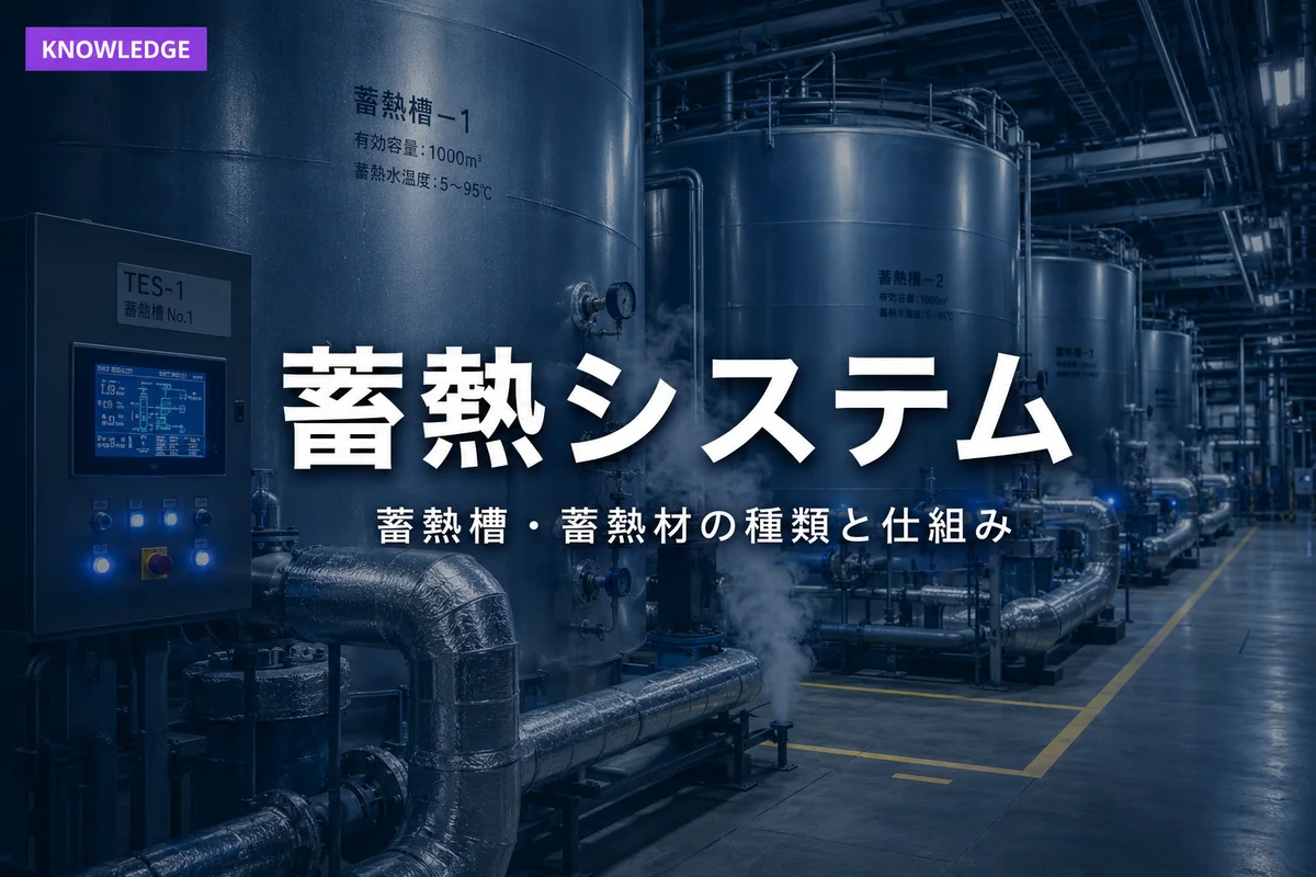 大型蓄熱槽設備と配管が並ぶ建物の機械室