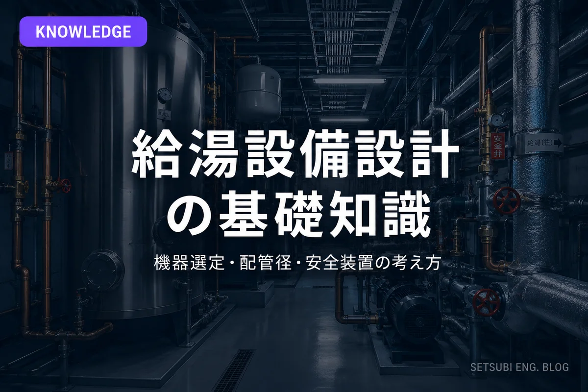 ビル機械室の給湯設備。貯湯槽・銅配管・安全弁・循環ポンプが並ぶシネマティック写真。給湯設備設計の基礎知識を解説する記事のアイキャッチ画像