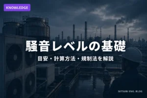 工場屋上の空調室外機群と騒音計を持つ作業員のシルエット