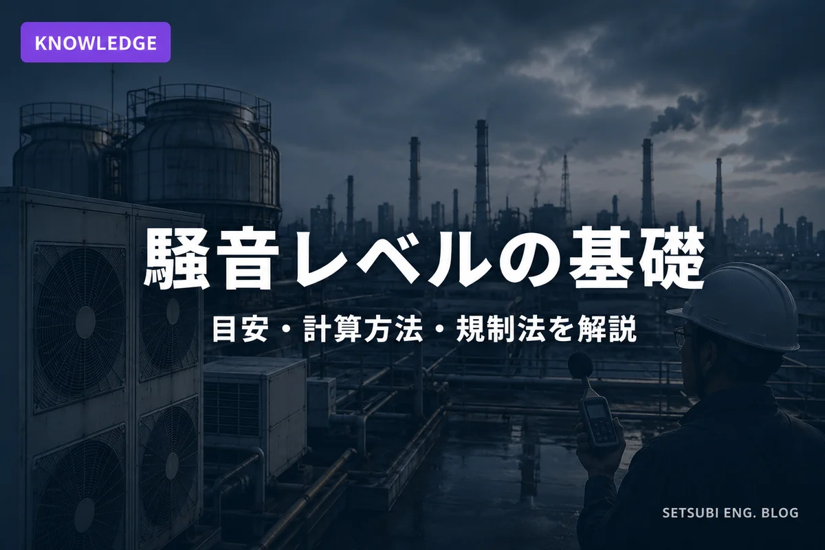 工場屋上の空調室外機群と騒音計を持つ作業員のシルエット