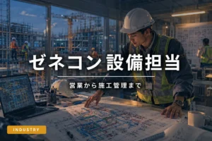 建設現場で設備図面を確認するゼネコン設備担当エンジニア