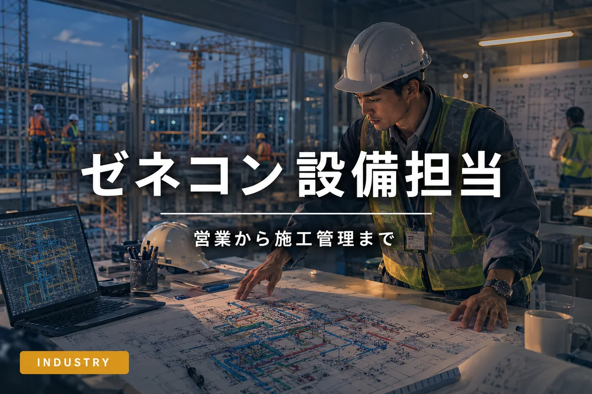 建設現場で設備図面を確認するゼネコン設備担当エンジニア