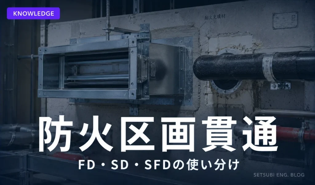 防火区画の壁をダクトと配管が貫通している建設現場のクローズアップ。FD（防火ダンパー）と耐火充填材が写る