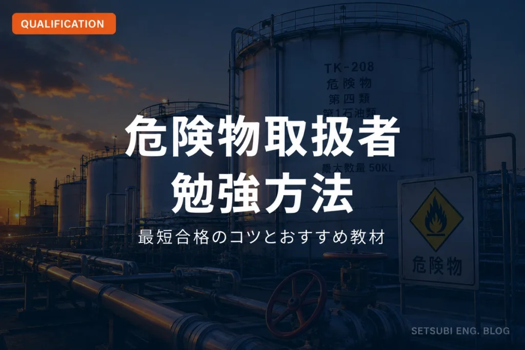 危険物貯蔵施設の円筒形タンクと配管が並ぶ夕景のシネマティック写真。危険物取扱者の勉強方法を解説する記事のアイキャッチ画像