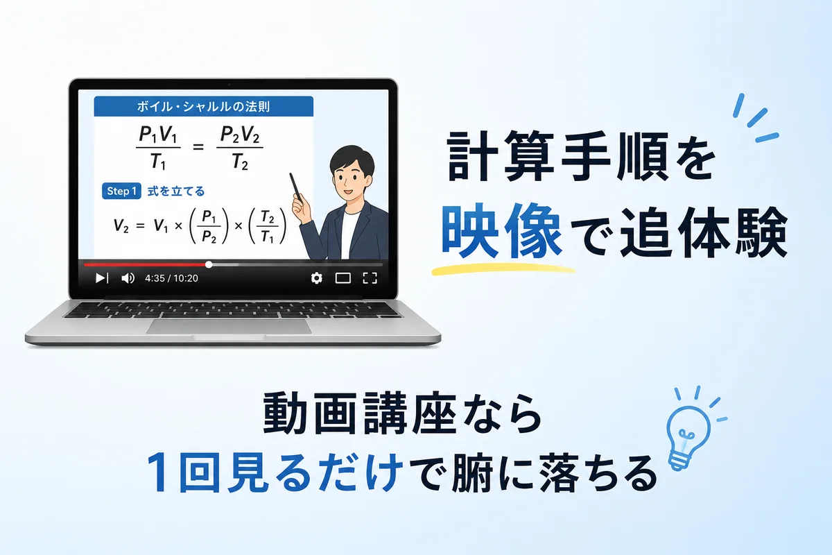 動画講座のイメージ：ノートPC画面に計算手順の映像講義