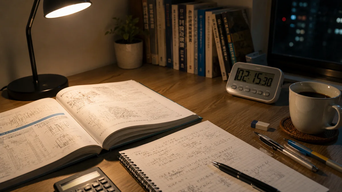 1級管工事施工管理技士の勉強法：夜の勉強机とタイマー