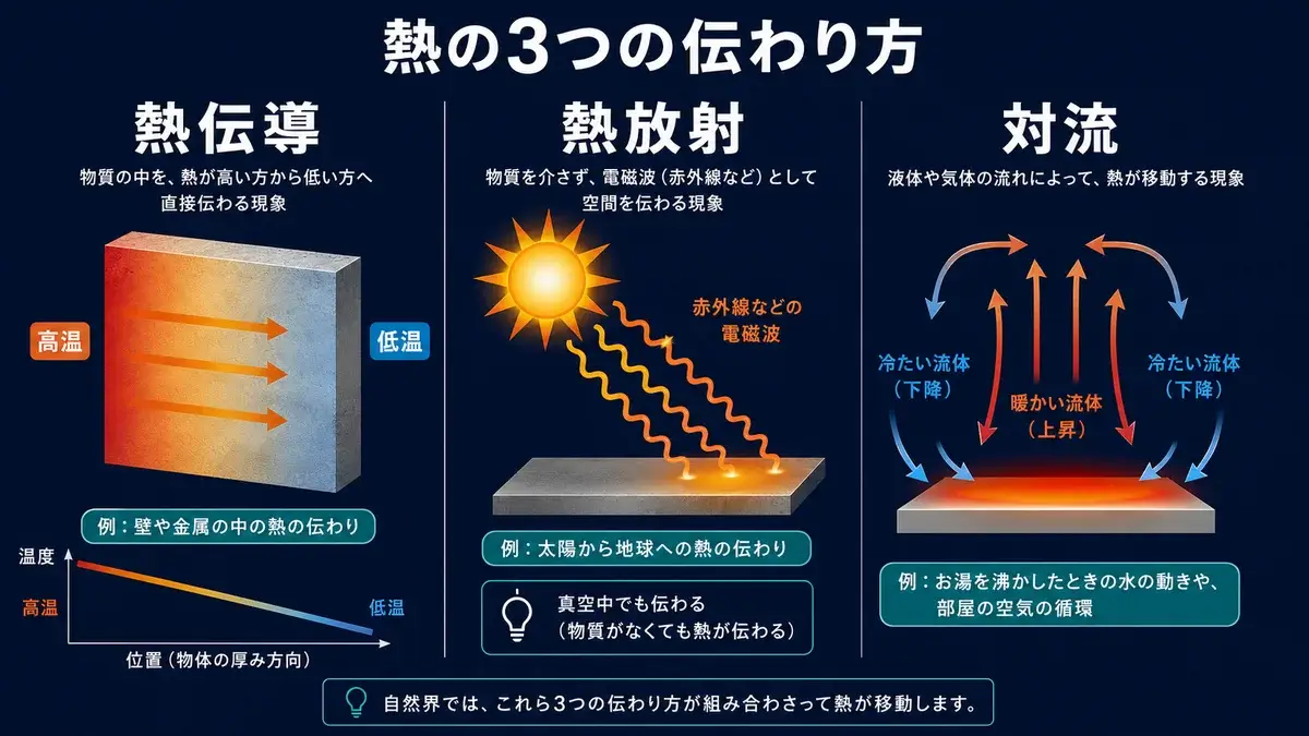 伝熱3形態の概念図（熱伝導・放射・対流）