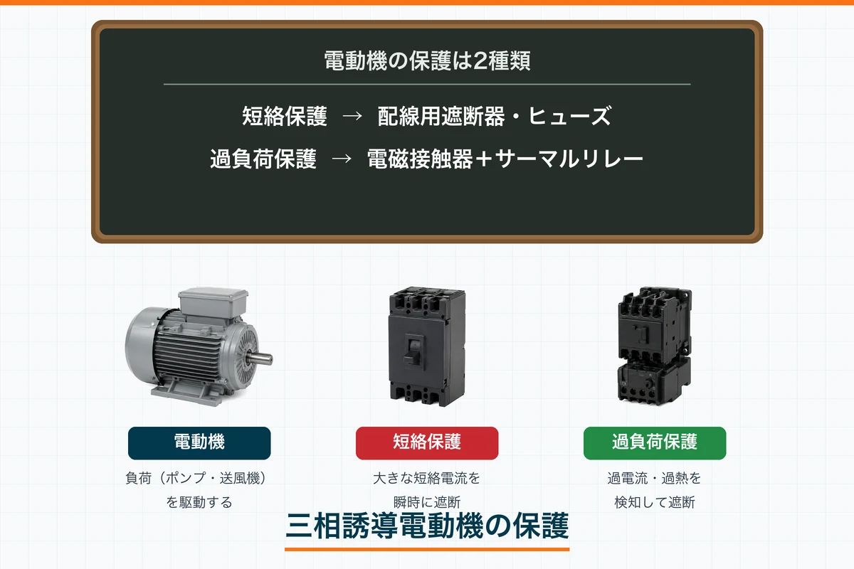 三相誘導電動機の保護の全体像。短絡保護は配線用遮断器・ヒューズ、過負荷保護は電磁接触器とサーマルリレーで行うことを示す図