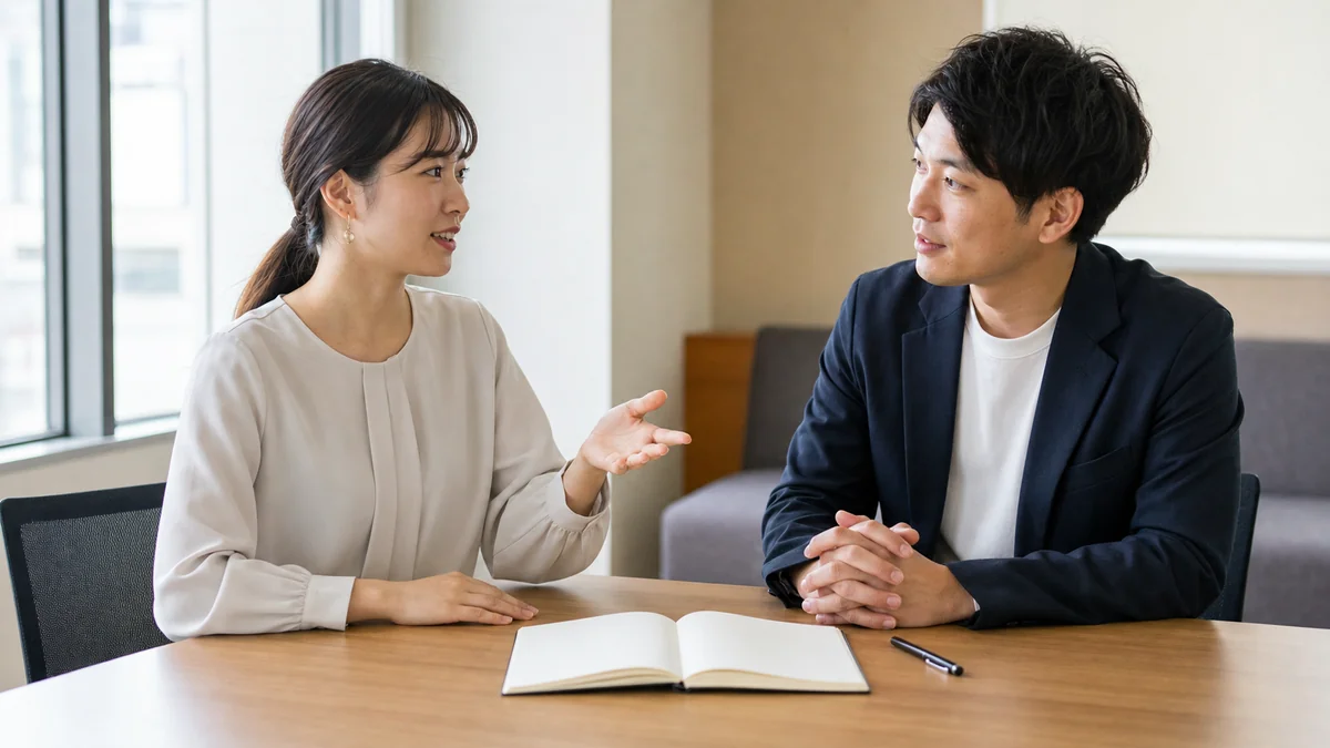 建築設備士の独占業務や勉強時間に関する疑問を、同僚と机を囲んで確認する機械設備の設計担当者
