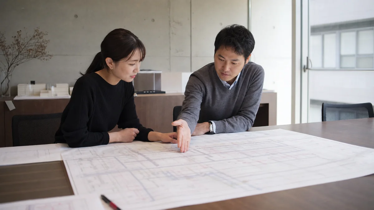 建築士と建築設備士が、空調・衛生設備の設計図面を囲んで役割と計画内容を打ち合わせる様子