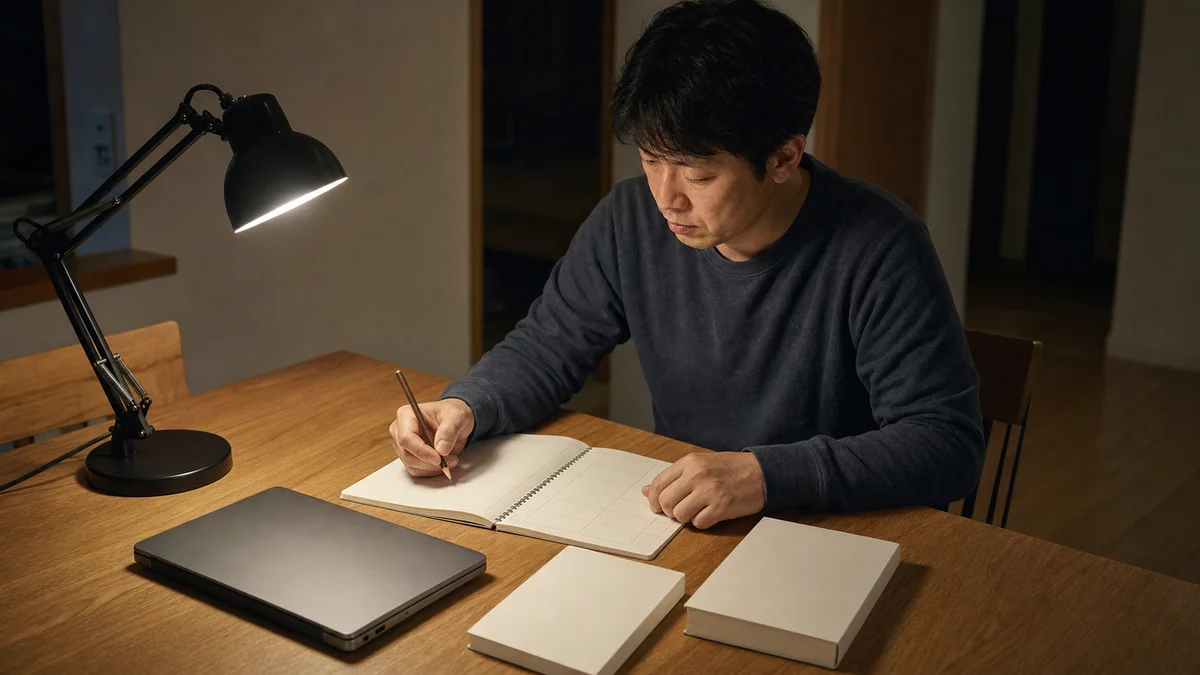 建築設備士試験の難易度を踏まえ、家族が寝た後に自宅で学習計画を立てる男性設備エンジニア