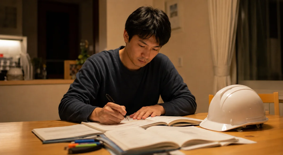 夜の自宅で参考書とノートを広げ、ヘルメットを傍らに資格試験の勉強をする男性