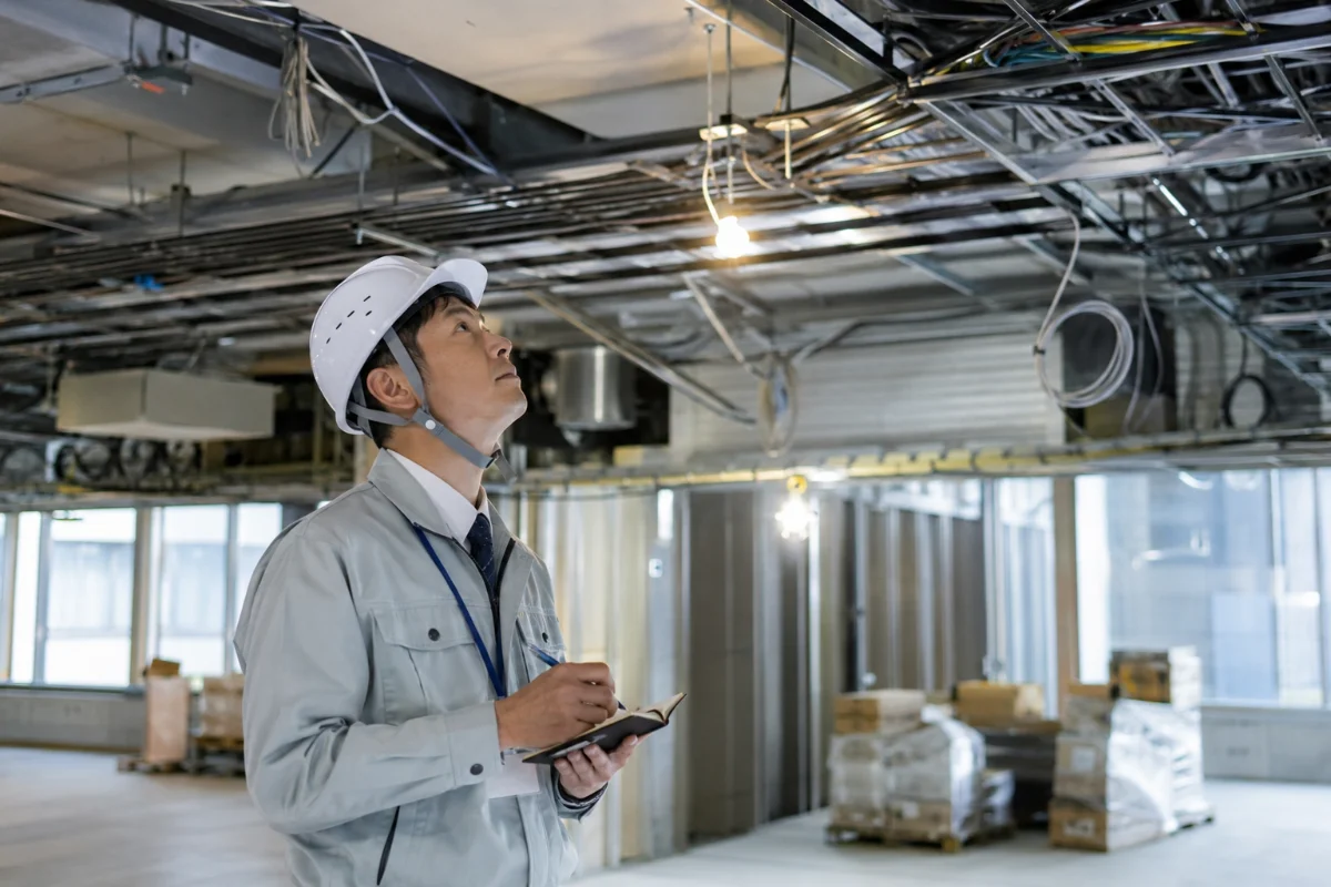 建設現場で天井の配線・ケーブルラックを見上げながらメモを取る電気工事の施工管理者