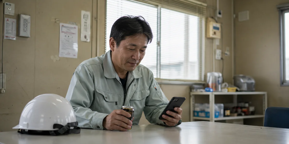 建設現場の休憩所で、休憩時間にスマートフォンで学習する作業着の男性