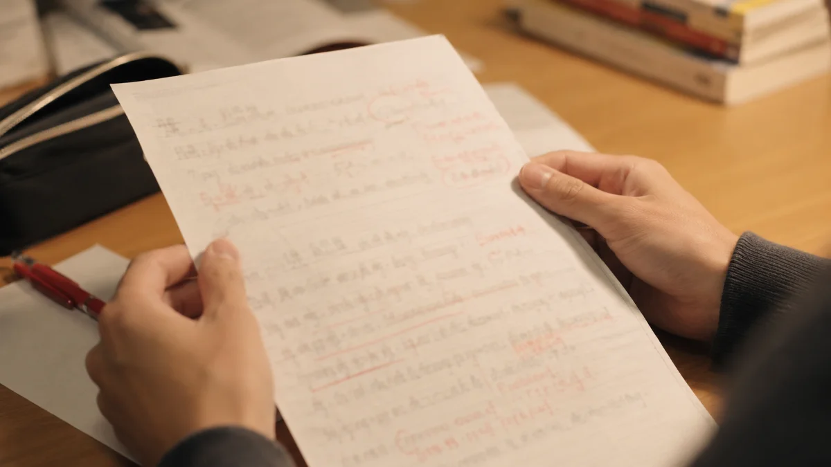 赤ペンで添削の書き込みが入った答案用紙を読み返す手元。記述式答案を第三者に見てもらうイメージ