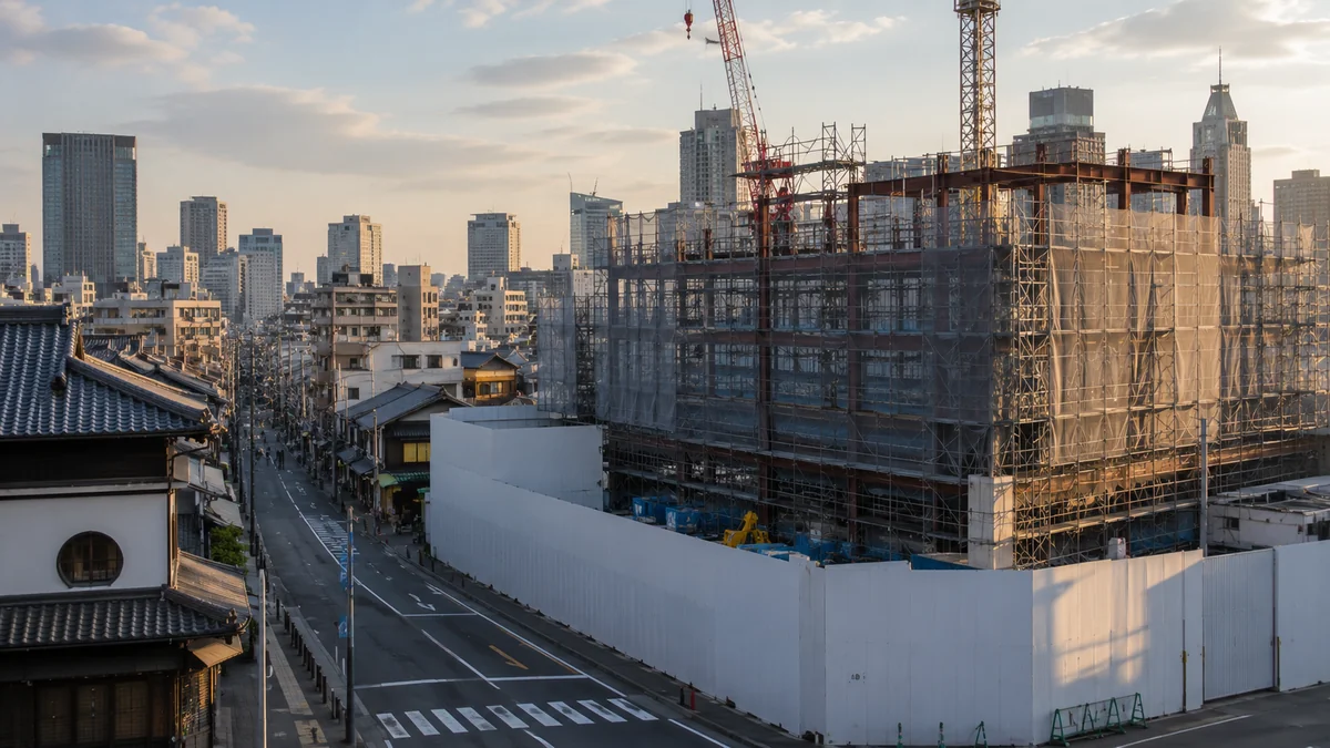 関西の市街地に隣接した建設現場と街並み。老舗ゼネコンのイメージ