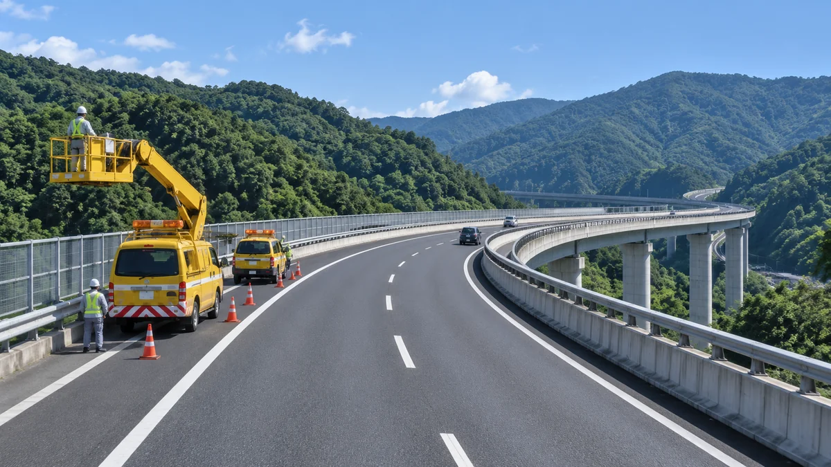 高速道路の高架橋とインフラ点検の現場。コンセッション事業のイメージ