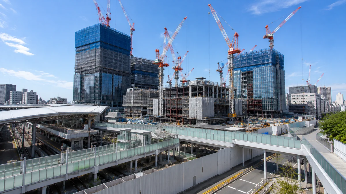 鉄道駅に隣接した駅前再開発の大規模工事現場
