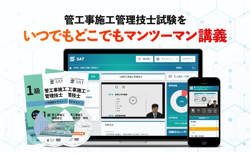 SAT提供の1級管工事施工管理技士講座。ノートパソコンとスマートフォンでeラーニングを受講する画面と、テキスト・DVD教材一式
