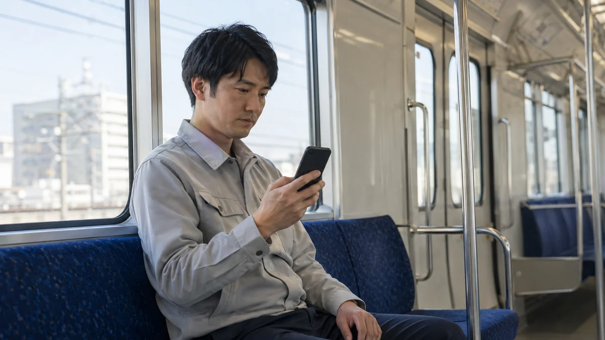 作業着姿の男性が通勤電車の座席でスマートフォンを見ながら移動時間に学習している様子