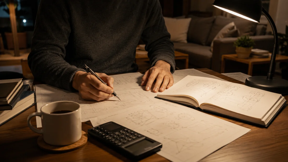 夜のリビングで図面と参考書を広げ、電気スタンドの明かりの下で勉強している手元