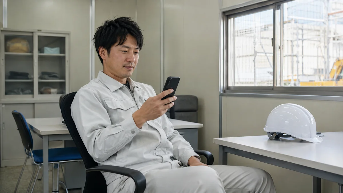 現場事務所でヘルメットを机に置き、休憩中にスマートフォンで学習する施工管理担当者