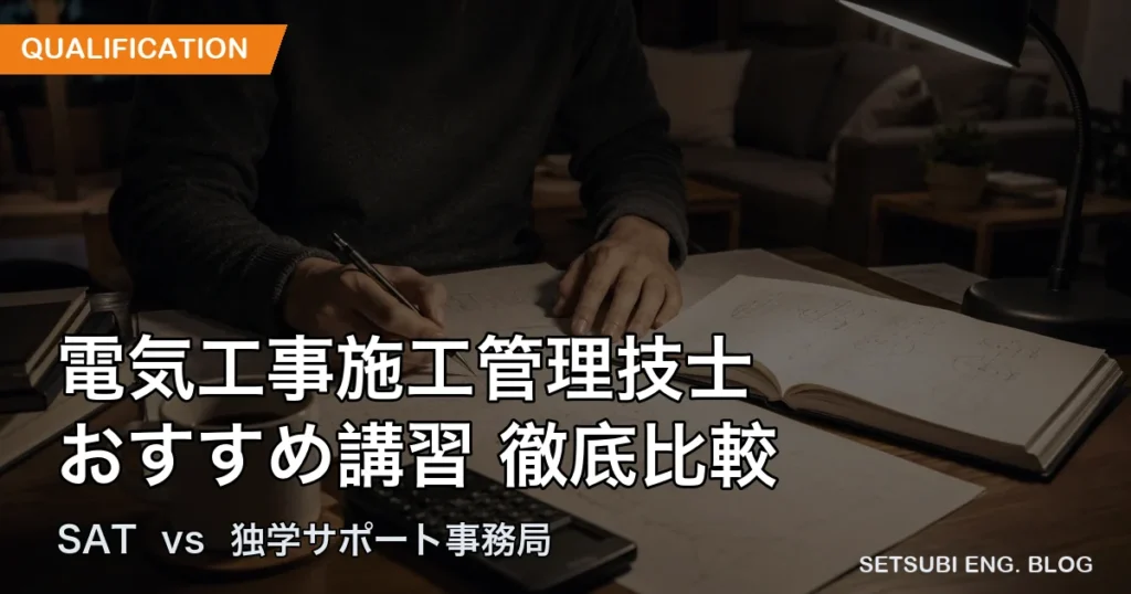 電気工事施工管理技士のおすすめ講習を徹底比較。SATと独学サポート事務局の比較記事のアイキャッチ