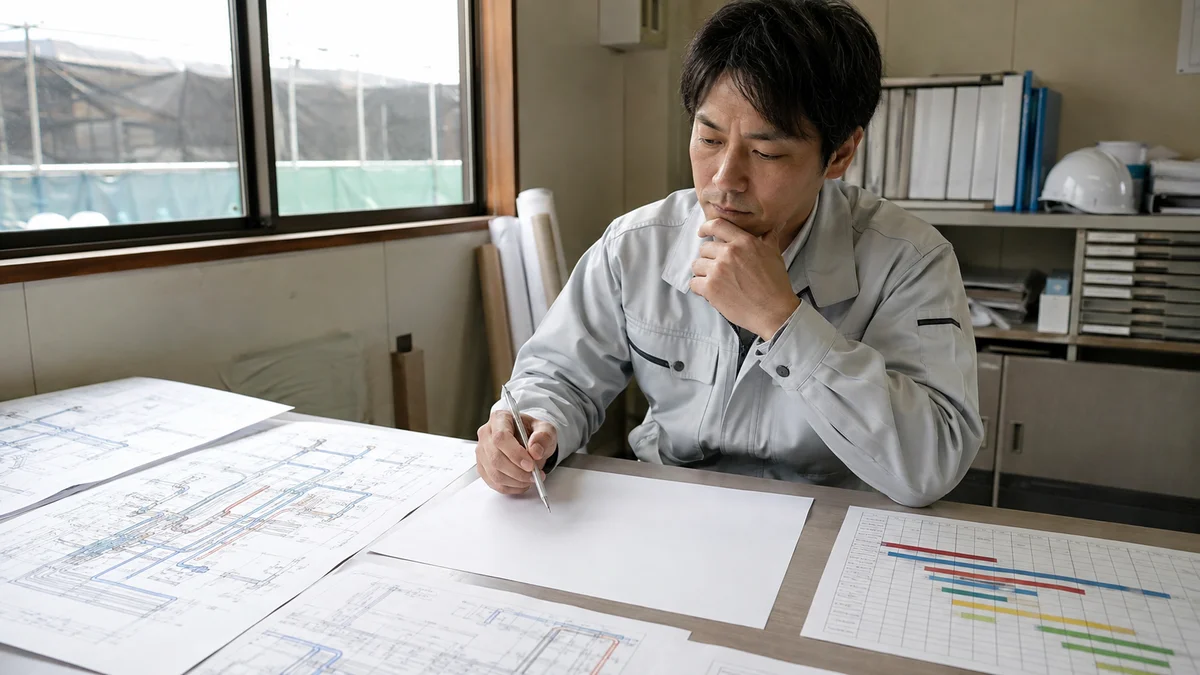 現場事務所の机に施工図と工程表を広げ、どの工事を経験記述に使うか考えている施工管理技術者