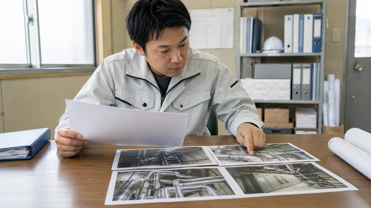 申込書類と現場写真を見比べて、経験記述に使う工事を選んでいる技術者