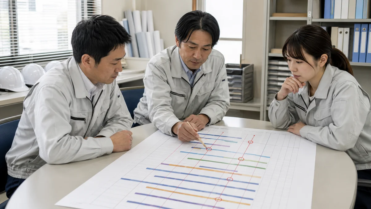 承認期限を記入した工程表を囲み、日程を確認している打ち合わせの場面