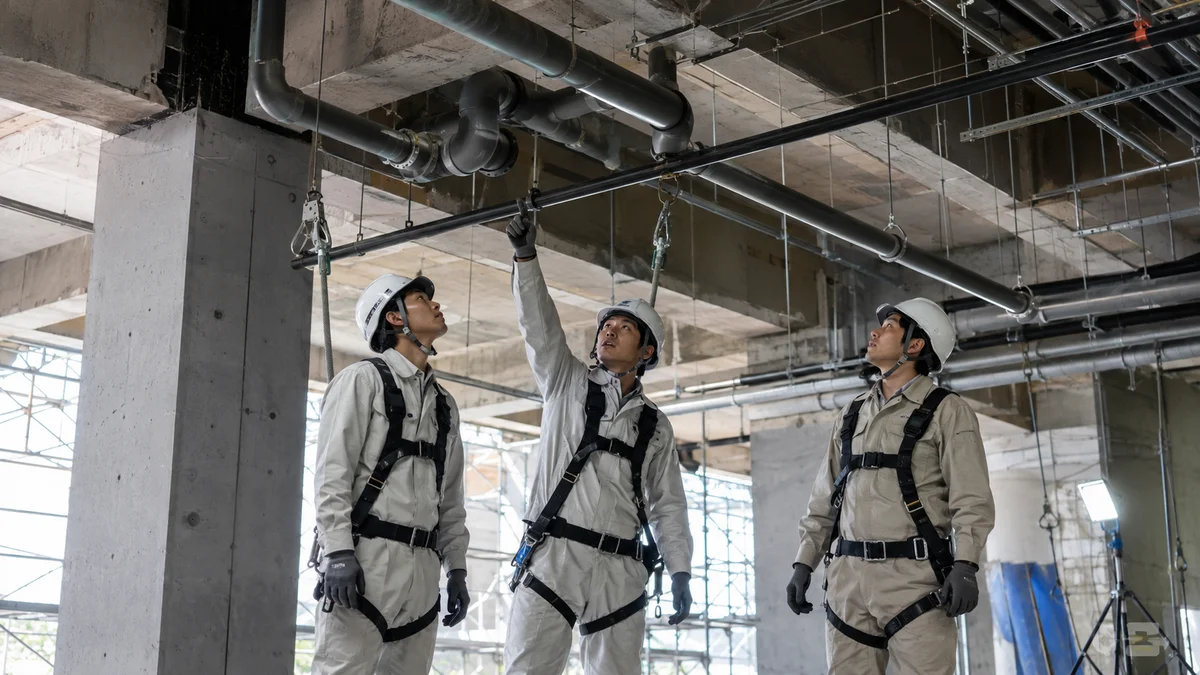 安全帯を着用し、建物内の配管の施工状況を確認している作業員