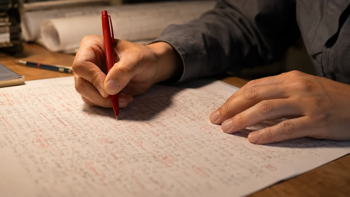 赤ペンで手書きの答案に書き込みを入れ、読み返している手元