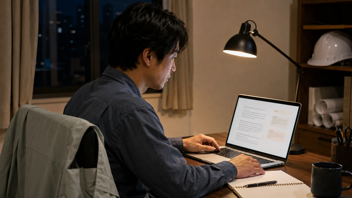 夜の自室でノートパソコンを開き、自分が書いた文章を読み返している人物