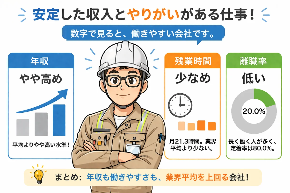 松井建設の年収・残業時間・離職率を比較した図解。年収はやや高め、残業は月21.3時間で少なめ、3年後離職率は20.0%で低い