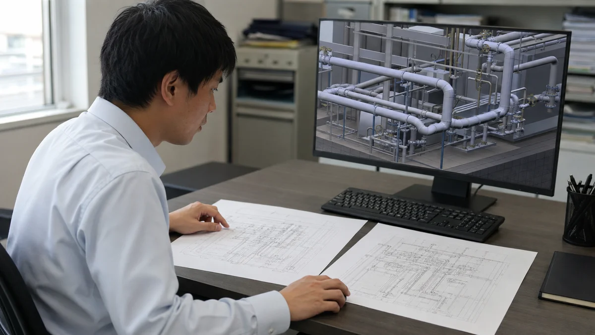 設計図と施工図とBIMモデルを見比べる設備技術者