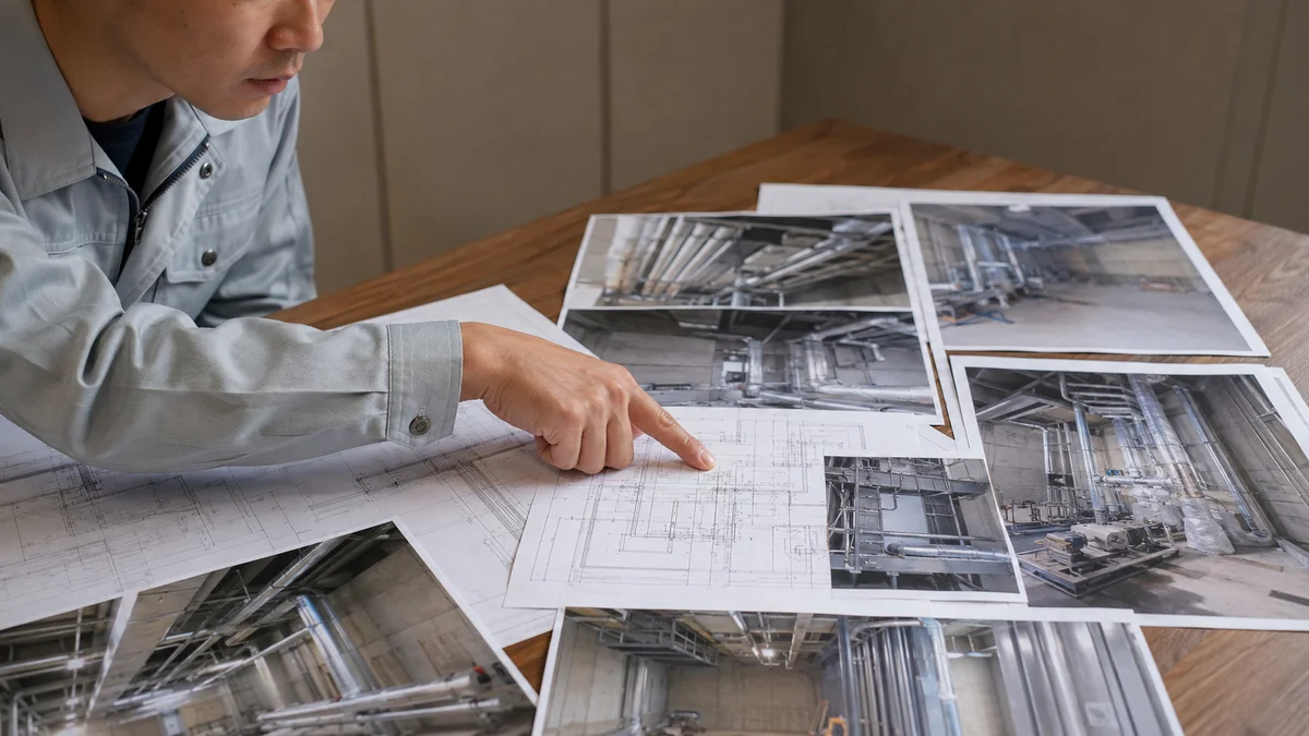 現場写真と設計図を並べて説明する設備技術者