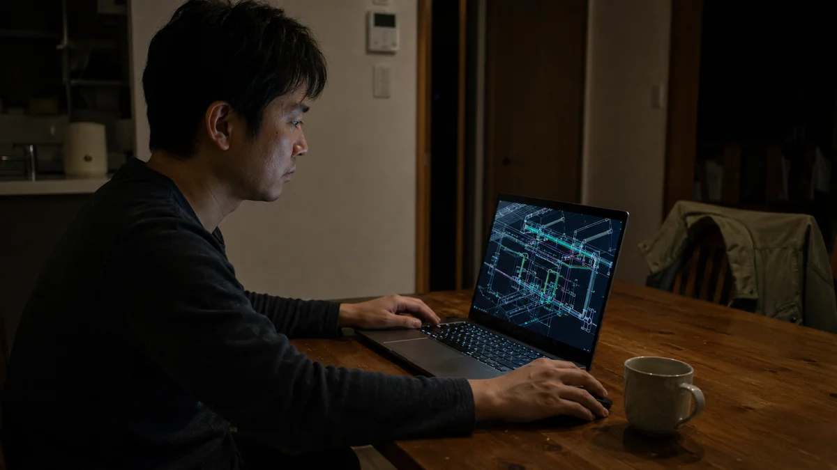 夜に自宅でCADを学ぶ30代の技術者