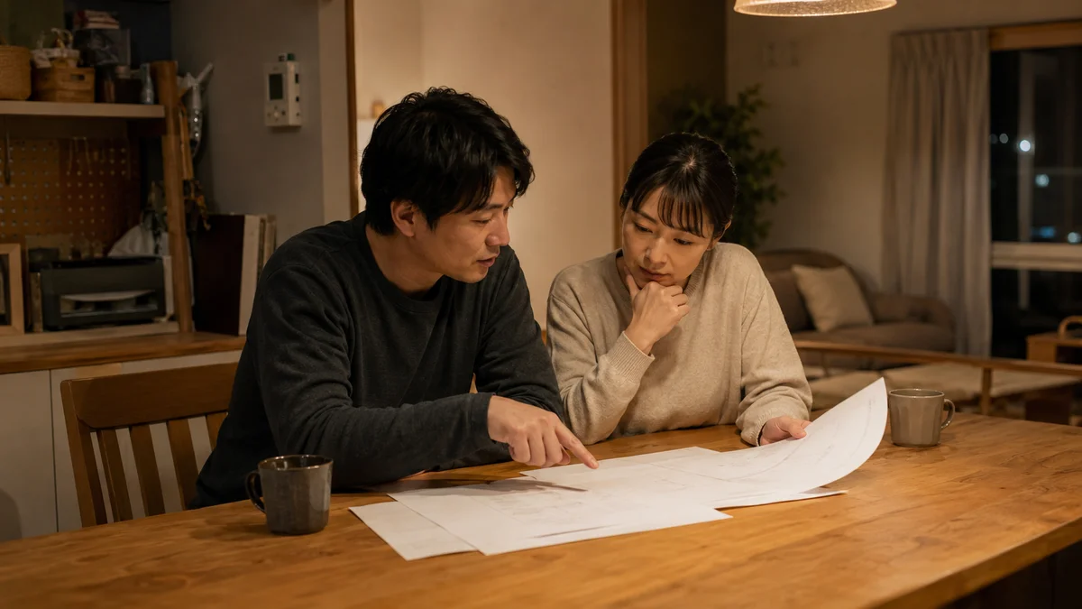 転職後の条件を夫婦で確認する場面