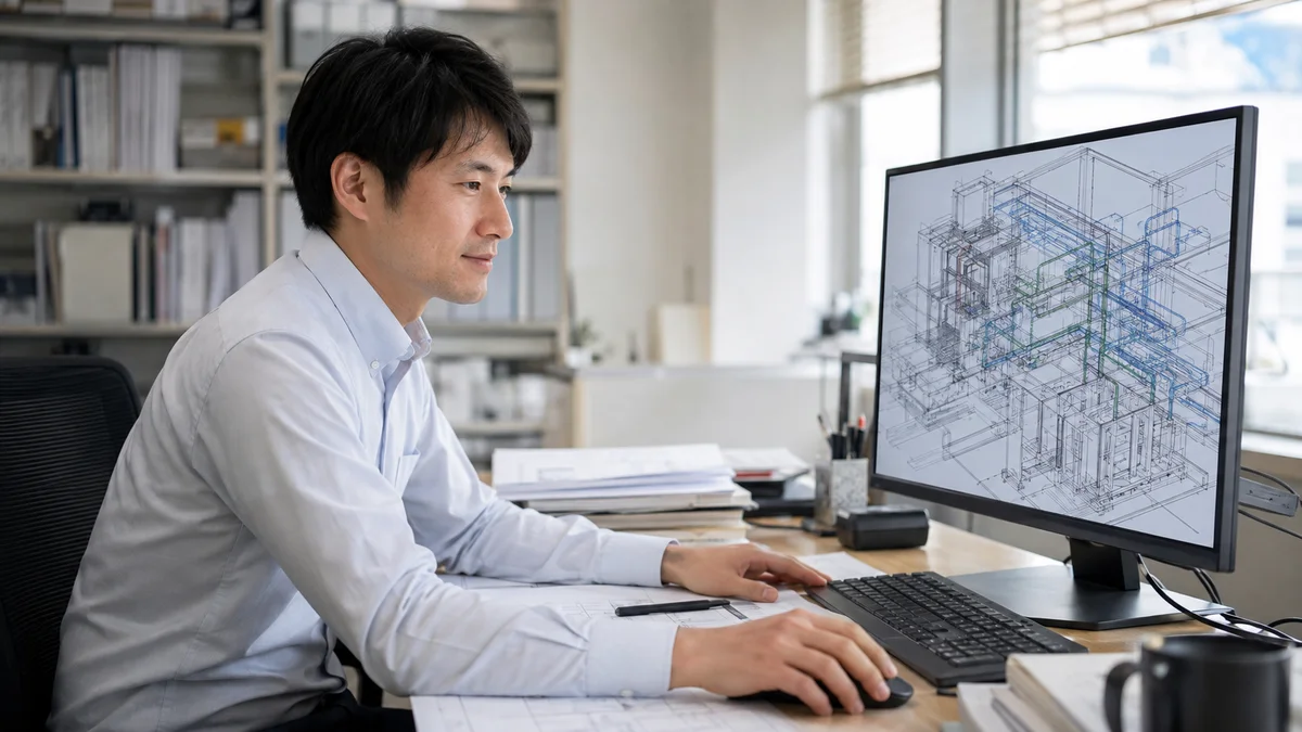 設備の設計図をモニターで確認する設備設計者