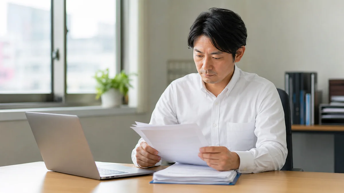 オフィスのデスクで応募書類に目を通しているシャツ姿の男性