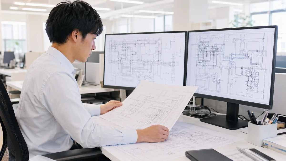 設計事務所で設備図面のモニターと紙図面を見比べている設計者