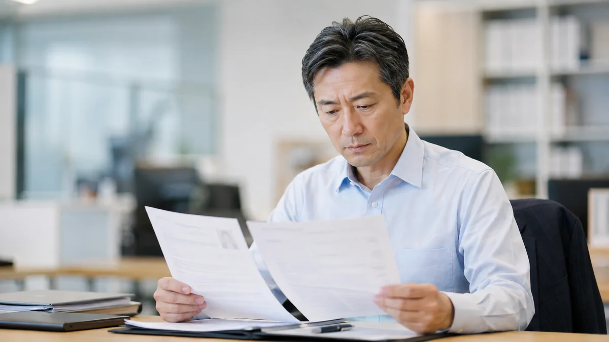 オフィスで応募書類を手に取り、内容を確認している採用担当者