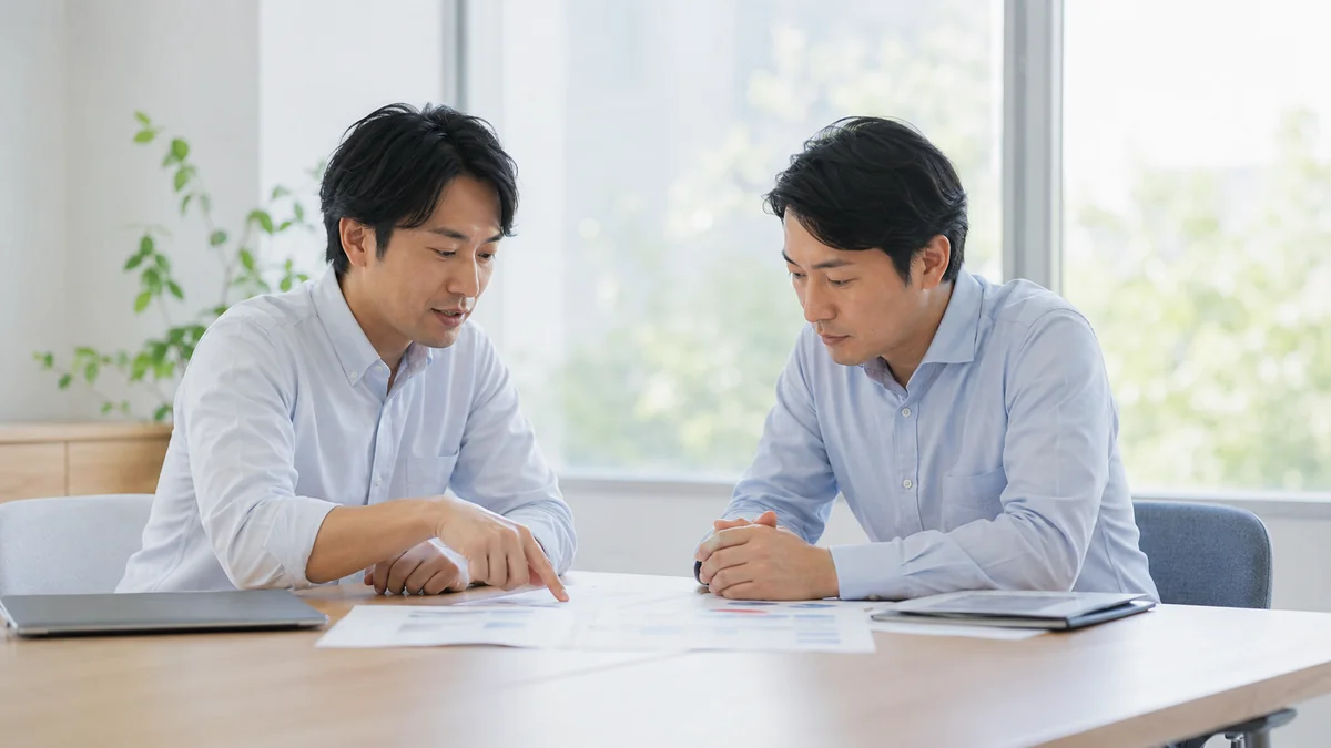 明るい打ち合わせスペースで書類を指さしながら相談している2人