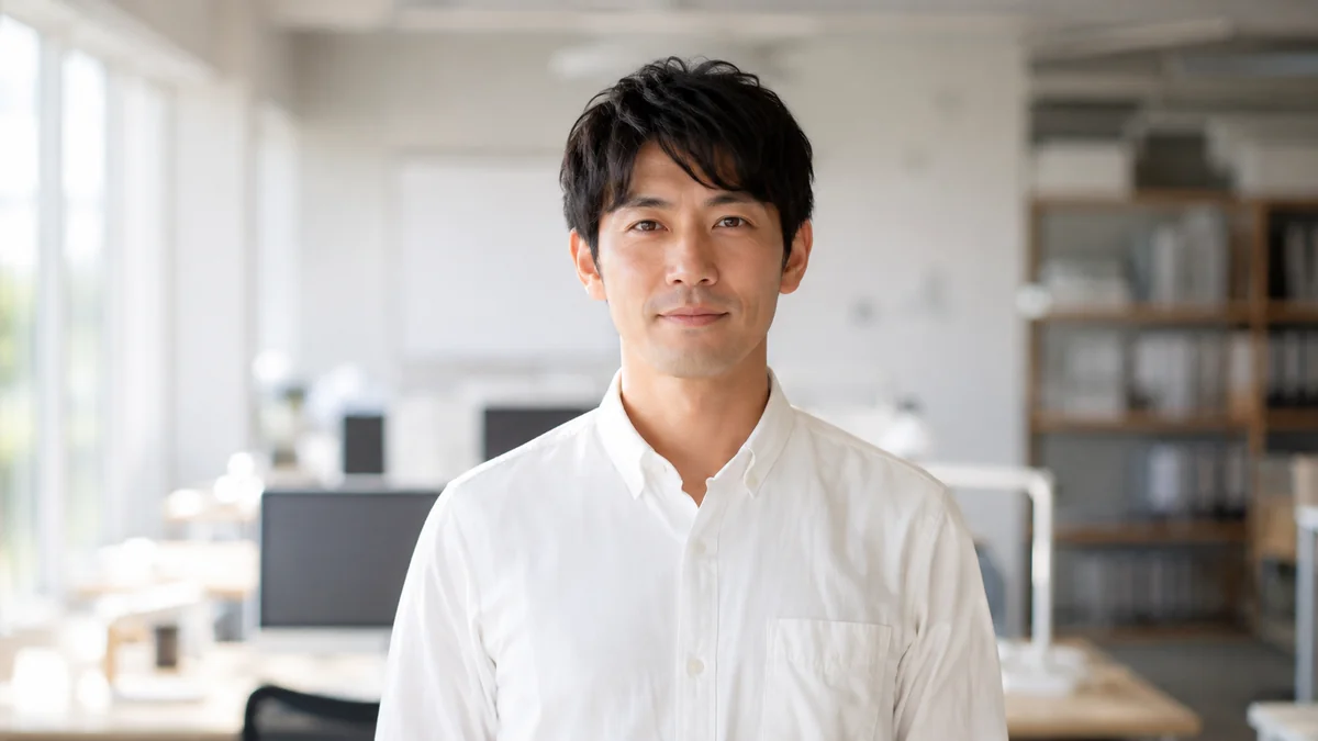 設計事務所を背景に正面を向いて立つシャツ姿の男性