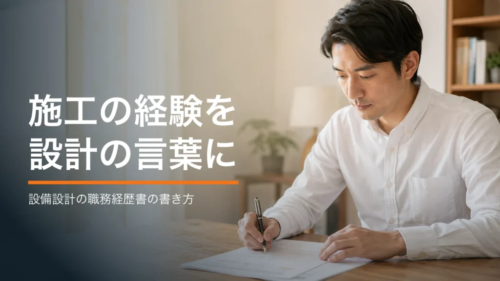 自宅の机で職務経歴書を書いている男性。施工の経験を設計の言葉に翻訳する書き方を解説する記事のアイキャッチ