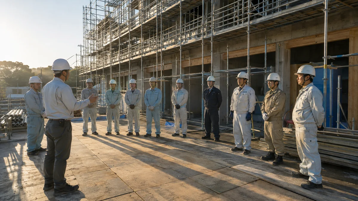 早朝の建設現場で行われる朝礼。作業員が半円状に並び、管理者が朝の指示を出している