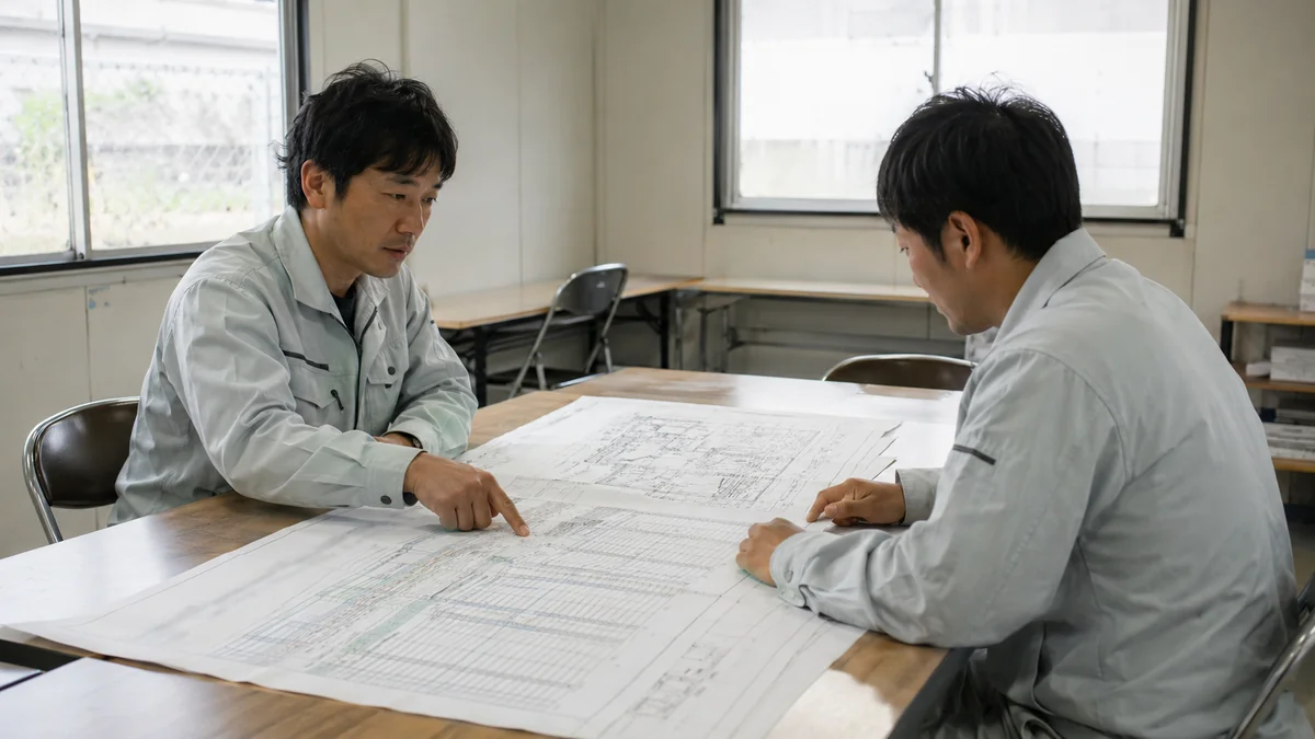 現場事務所で工程表と設備図を広げ、作業着姿の2人が打ち合わせをしている様子