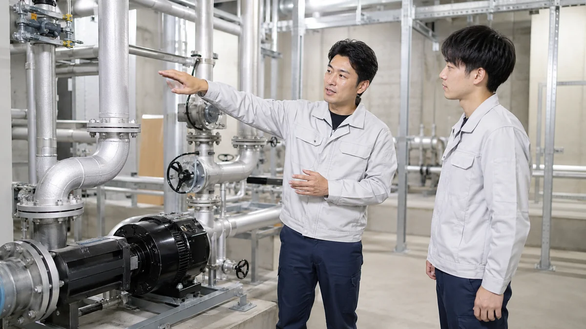機械室で配管とポンプを前に、先輩の設備エンジニアが若手に説明している様子